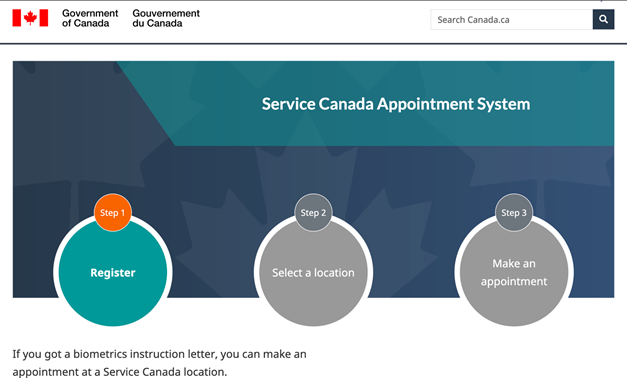 加拿大生物识别信息采集预约系统，Screenshot of Service Canada Biometric Appointment System