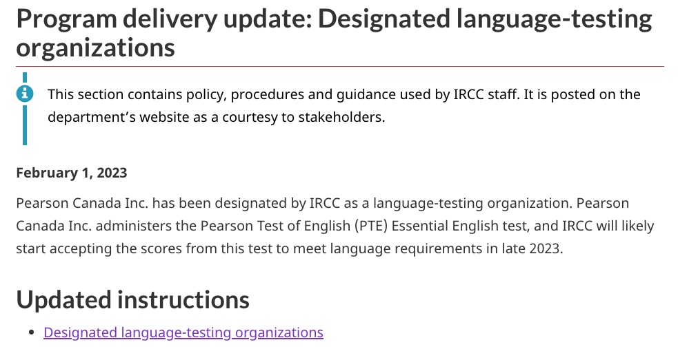 Screenshot of IRCC Program Delivery Update Page