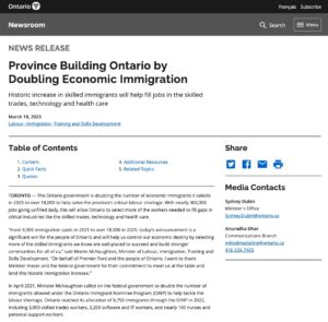 A screenshot of news release titled "Province Building Ontario by Doubling Economic Immigration"