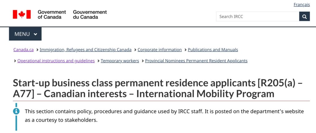 A screenshot of government of Canada website showing Start-up visa A77 Work Permit application guide